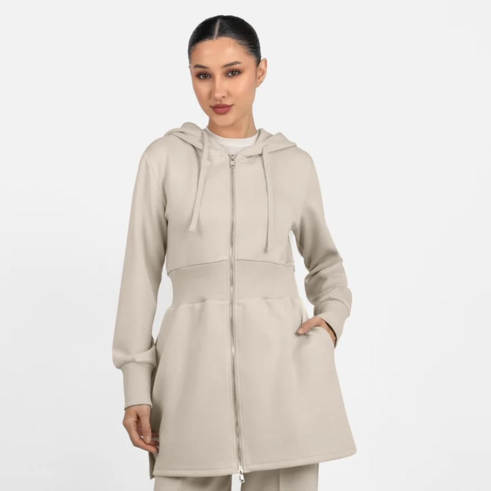 Fares Modest Beige Hooded Zip-Up Jacket Buttery Cinched Hoodie Mink XS NWT